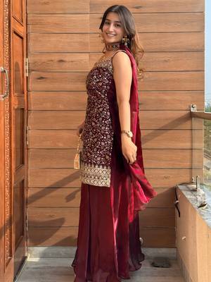 women's shimmer silk embroidered kurta palazzo with dupatta set 2