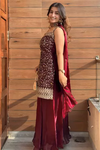 women's shimmer silk embroidered kurta palazzo with dupatta set