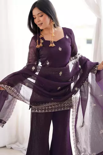 women's crunchy silk embroidered kurta palazzo with dupatta set