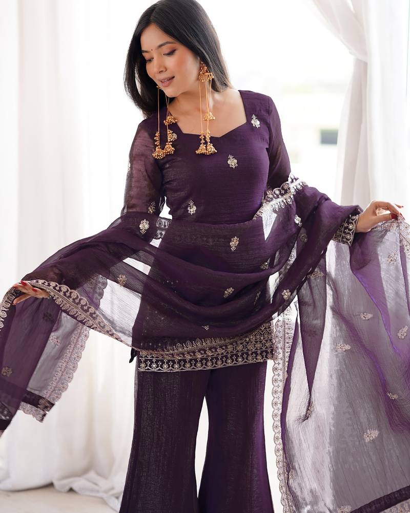women's crunchy silk embroidered kurta palazzo with dupatta set