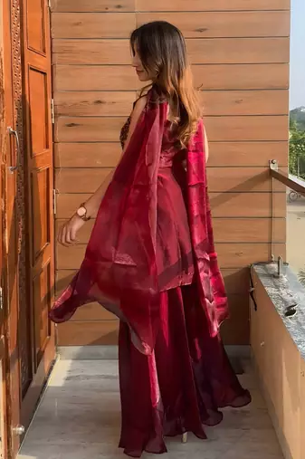women's shimmer silk embroidered kurta palazzo with dupatta set