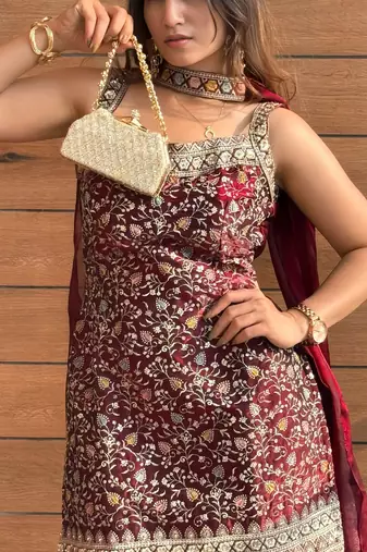 women's shimmer silk embroidered kurta palazzo with dupatta set