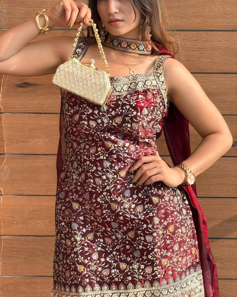 women's shimmer silk embroidered kurta palazzo with dupatta set