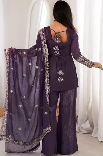 women's crunchy silk embroidered kurta palazzo with dupatta set