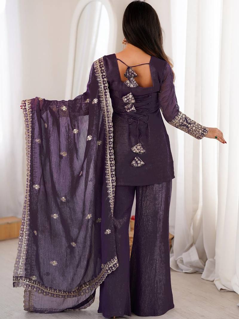 women's crunchy silk embroidered kurta palazzo with dupatta set