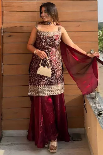 women's shimmer silk embroidered kurta palazzo with dupatta set
