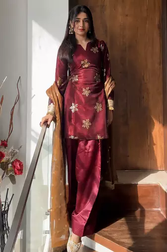 women's shimmer silk embroidered farshi salwar suit with dupatta set