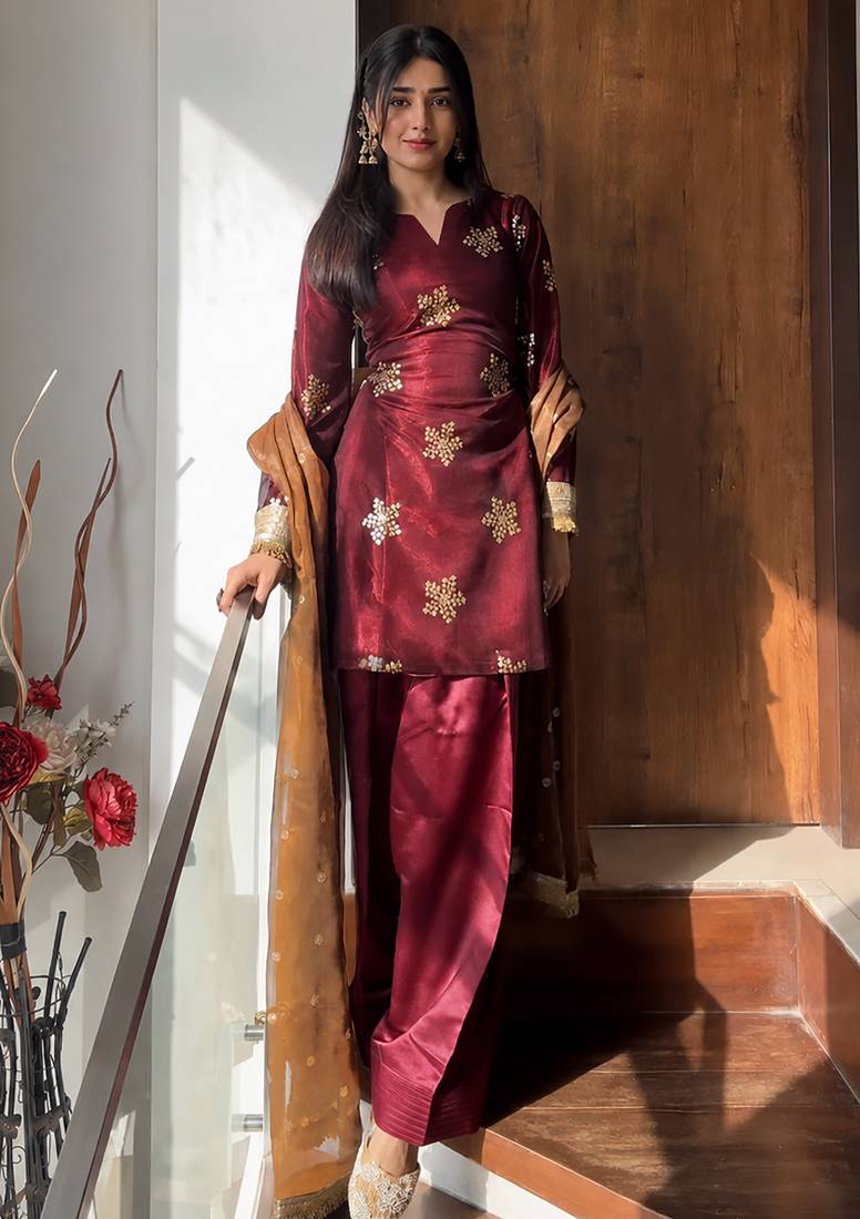 women's shimmer silk embroidered farshi salwar suit with dupatta set
