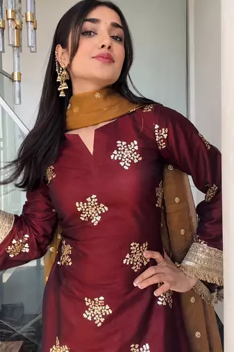 women's shimmer silk embroidered farshi salwar suit with dupatta set
