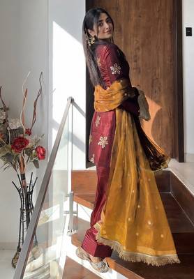 women's shimmer silk embroidered farshi salwar suit with dupatta set 3