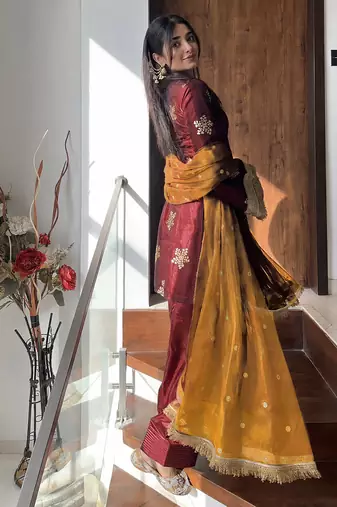 women's shimmer silk embroidered farshi salwar suit with dupatta set
