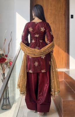 women's shimmer silk embroidered farshi salwar suit with dupatta set 4