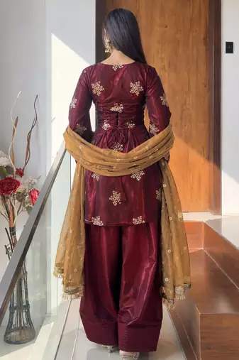women's shimmer silk embroidered farshi salwar suit with dupatta set