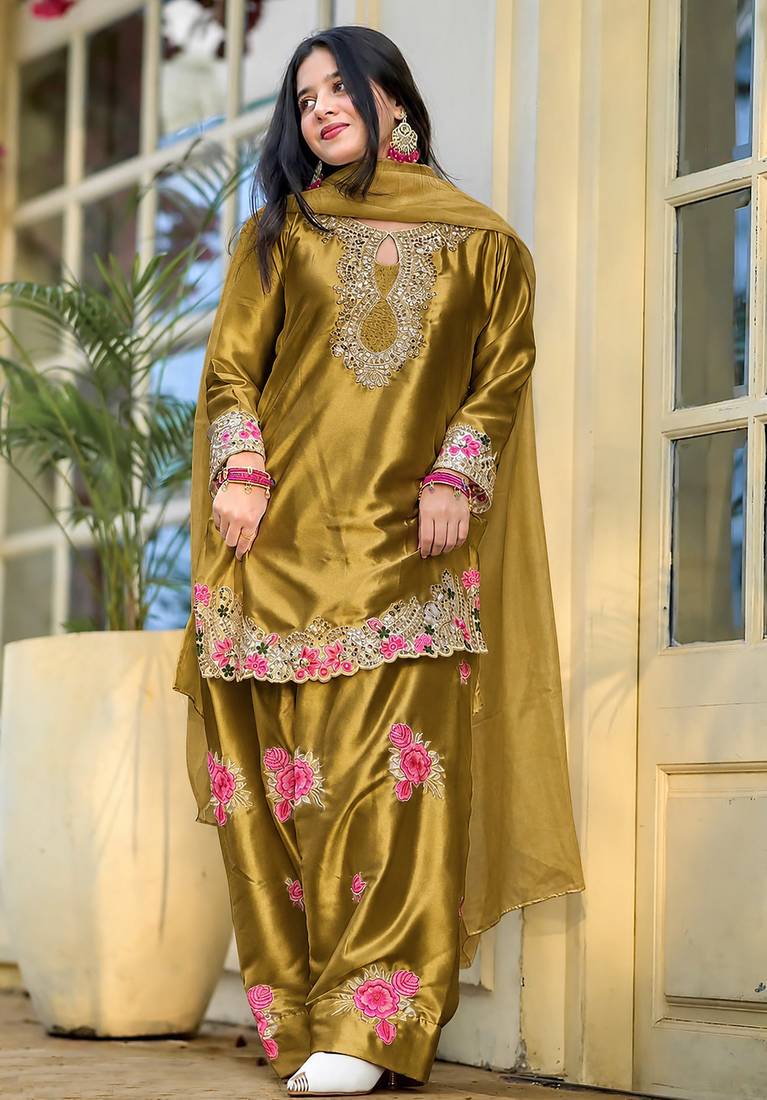 women's silk embroidered farshi salwar suit with dupatta set