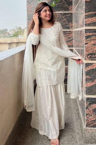 women's georgette embroidered kurta sharara with dupatta set