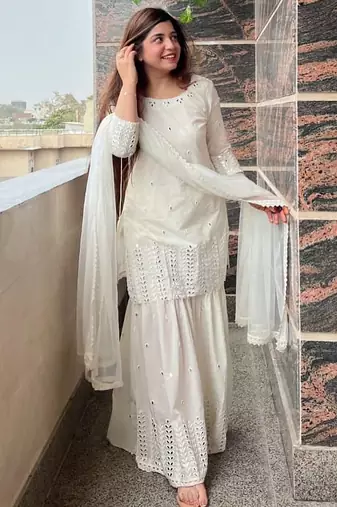 women's georgette embroidered kurta sharara with dupatta set