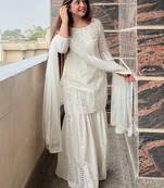 women's georgette embroidered kurta sharara with dupatta set