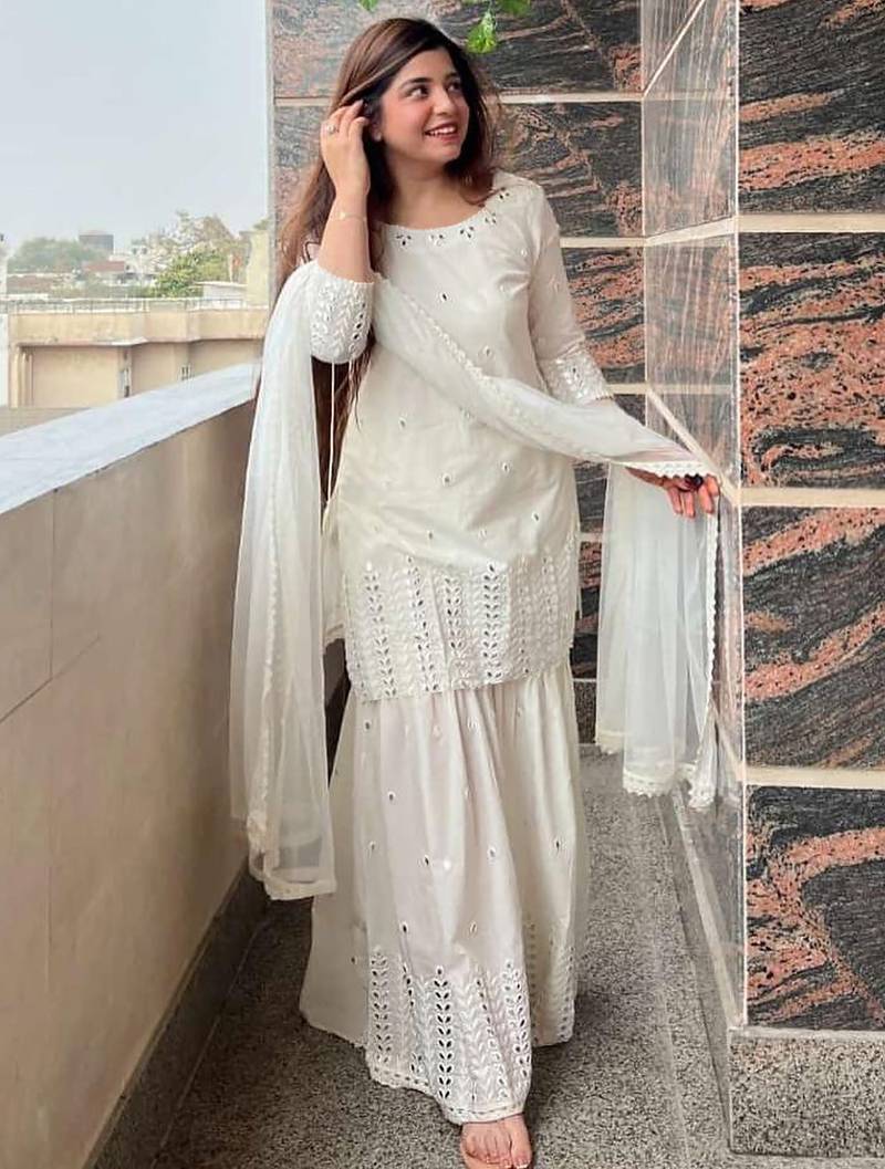women's georgette embroidered kurta sharara with dupatta set