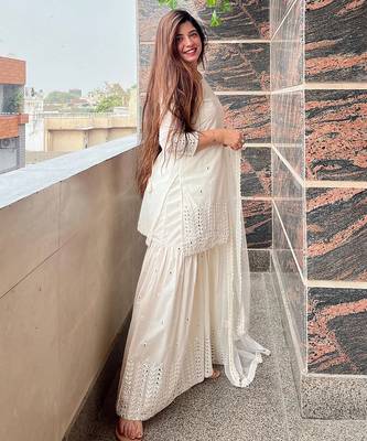 women's georgette embroidered kurta sharara with dupatta set 2