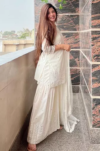 women's georgette embroidered kurta sharara with dupatta set