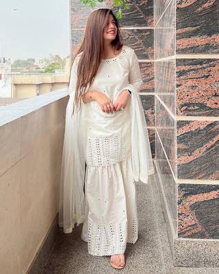women's georgette embroidered kurta sharara with dupatta set 3