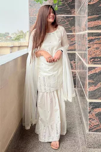 women's georgette embroidered kurta sharara with dupatta set