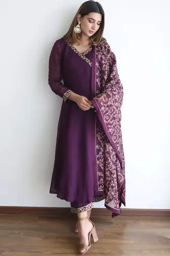 women's silk blend embroidered anarkali kurta pant with dupatta set