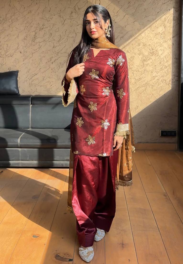 women's shimmer silk embroidered farshi salwar suit with dupatta set