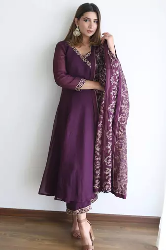 women's silk blend embroidered anarkali kurta pant with dupatta set