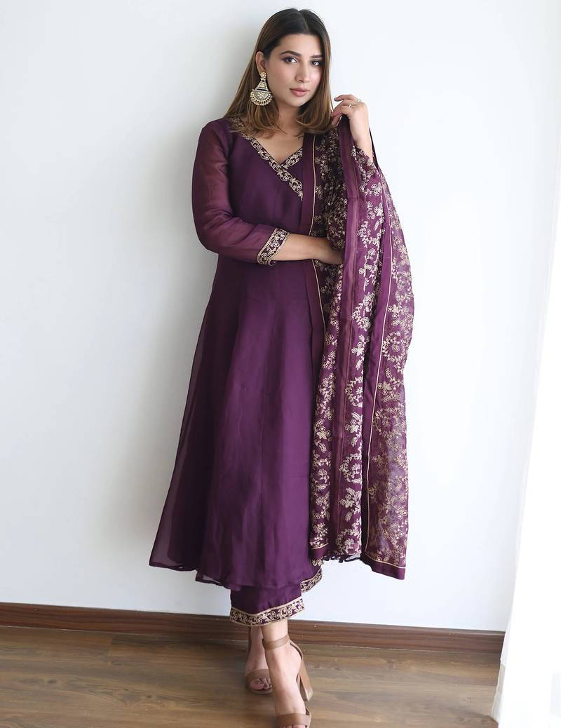 women's silk blend embroidered anarkali kurta pant with dupatta set