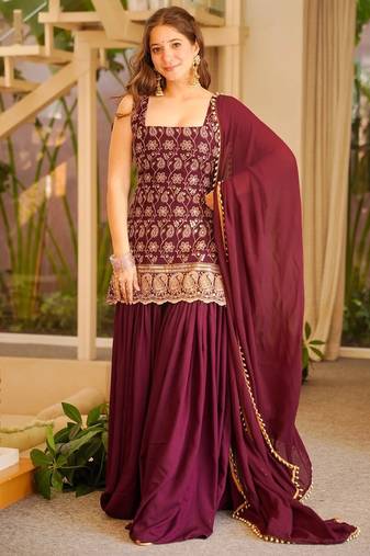 women's silk embroidered kurta palazzo with dupatta set