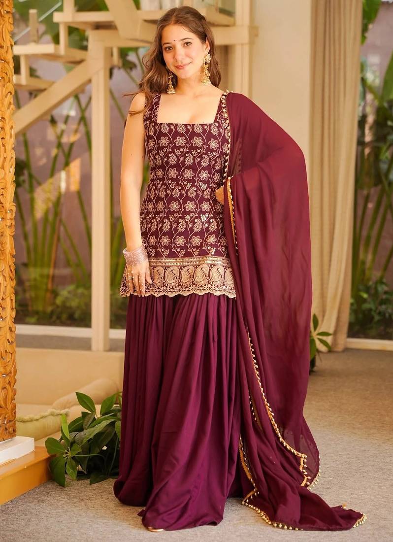 women's silk embroidered kurta palazzo with dupatta set