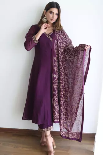 women's silk blend embroidered anarkali kurta pant with dupatta set