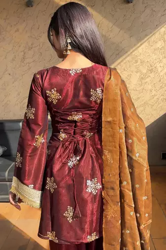 women's shimmer silk embroidered farshi salwar suit with dupatta set