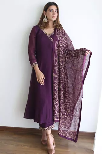 women's silk blend embroidered anarkali kurta pant with dupatta set