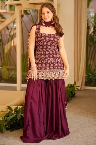 women's silk embroidered kurta palazzo with dupatta set