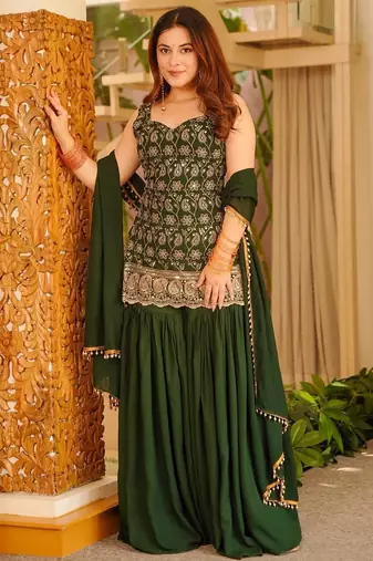 women's silk embroidered kurta palazzo with dupatta set