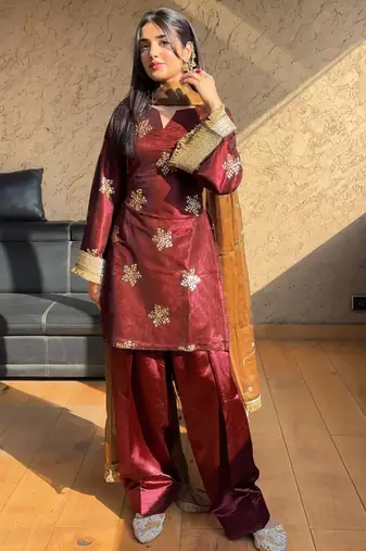 women's shimmer silk embroidered farshi salwar suit with dupatta set