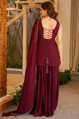 women's silk embroidered kurta palazzo with dupatta set