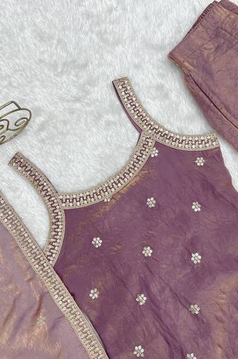 women's shimmer silk embroidered kurta palazzo with dupatta set