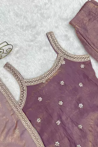 women's shimmer silk embroidered kurta palazzo with dupatta set