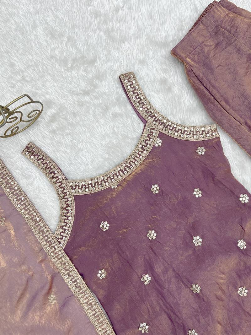 women's shimmer silk embroidered kurta palazzo with dupatta set