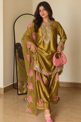 women's silk embroidered farshi salwar suit with dupatta set