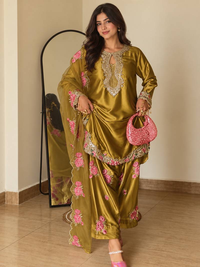 women's silk embroidered farshi salwar suit with dupatta set