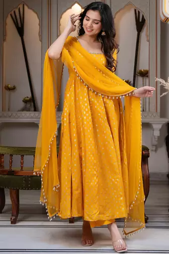 women's chanderi woven butta motiff anarkali kurta pant with dupatta set
