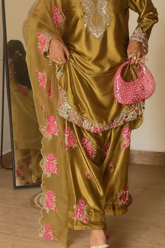 women's silk embroidered farshi salwar suit with dupatta set