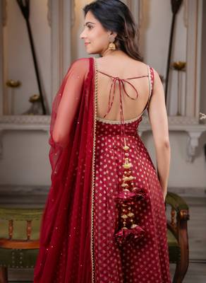 women's chanderi woven butta motiff anarkali kurta pant with dupatta set 3