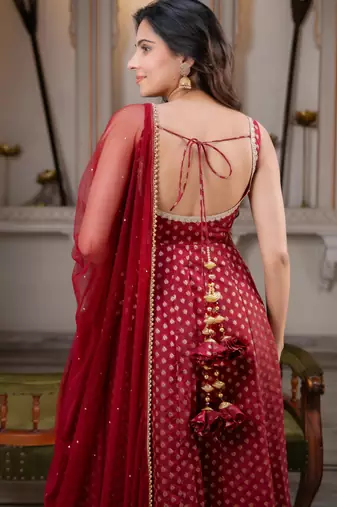 women's chanderi woven butta motiff anarkali kurta pant with dupatta set