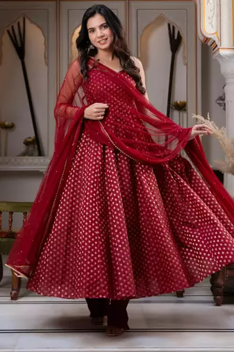 women's chanderi woven butta motiff anarkali kurta pant with dupatta set