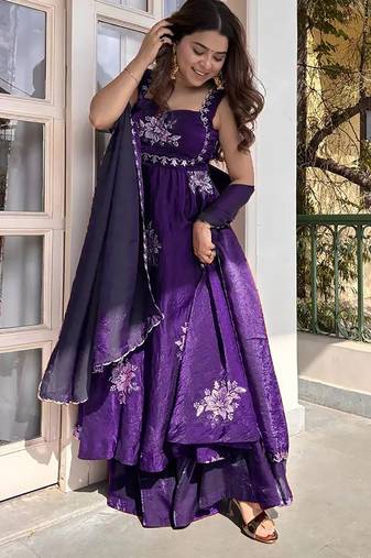 women's shimmer silk embroidered anarkali kurta palazzo with dupatta set